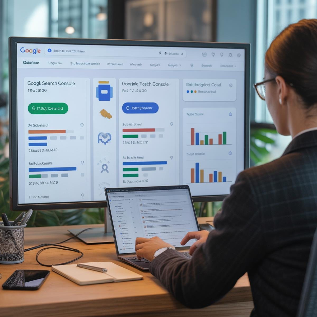 SEO-Spezialistin analysiert Google Search Console Daten und Ranking-Performance auf zwei Bildschirmen